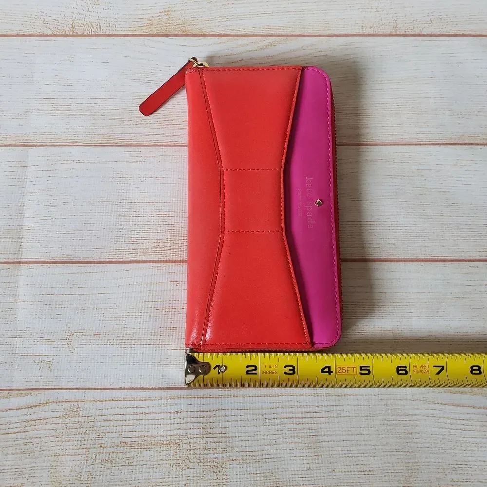 Kate Spade Leather Neda Bridge Place Zip Around Long Wallet Bow Pink Red